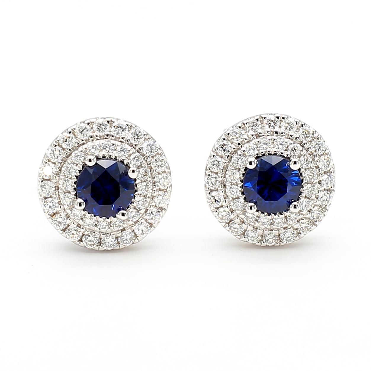Natural Blue Round Sapphire and Diamond 1.05 Carat TW Gold Stud Earrings