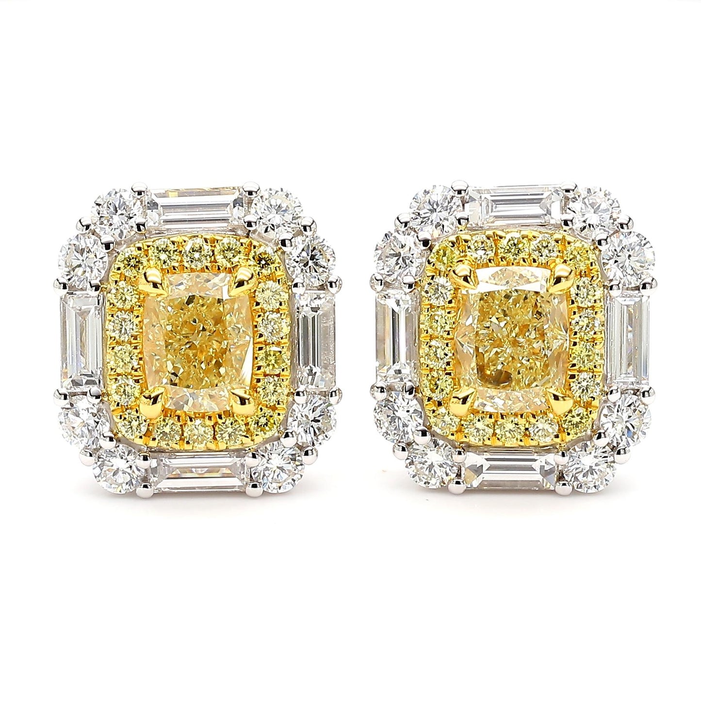 GIA Certified Natural Yellow Cushion Diamond 3.36 Carat TW Gold Stud Earrings