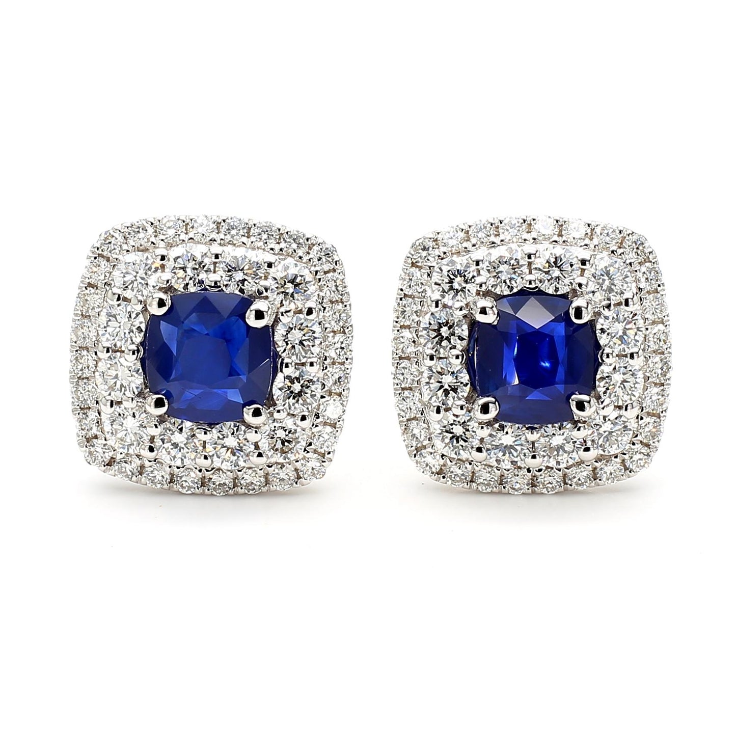Natural Blue Cushion Sapphire and White Diamond 3.62 Carat TW Gold Stud Earrings
