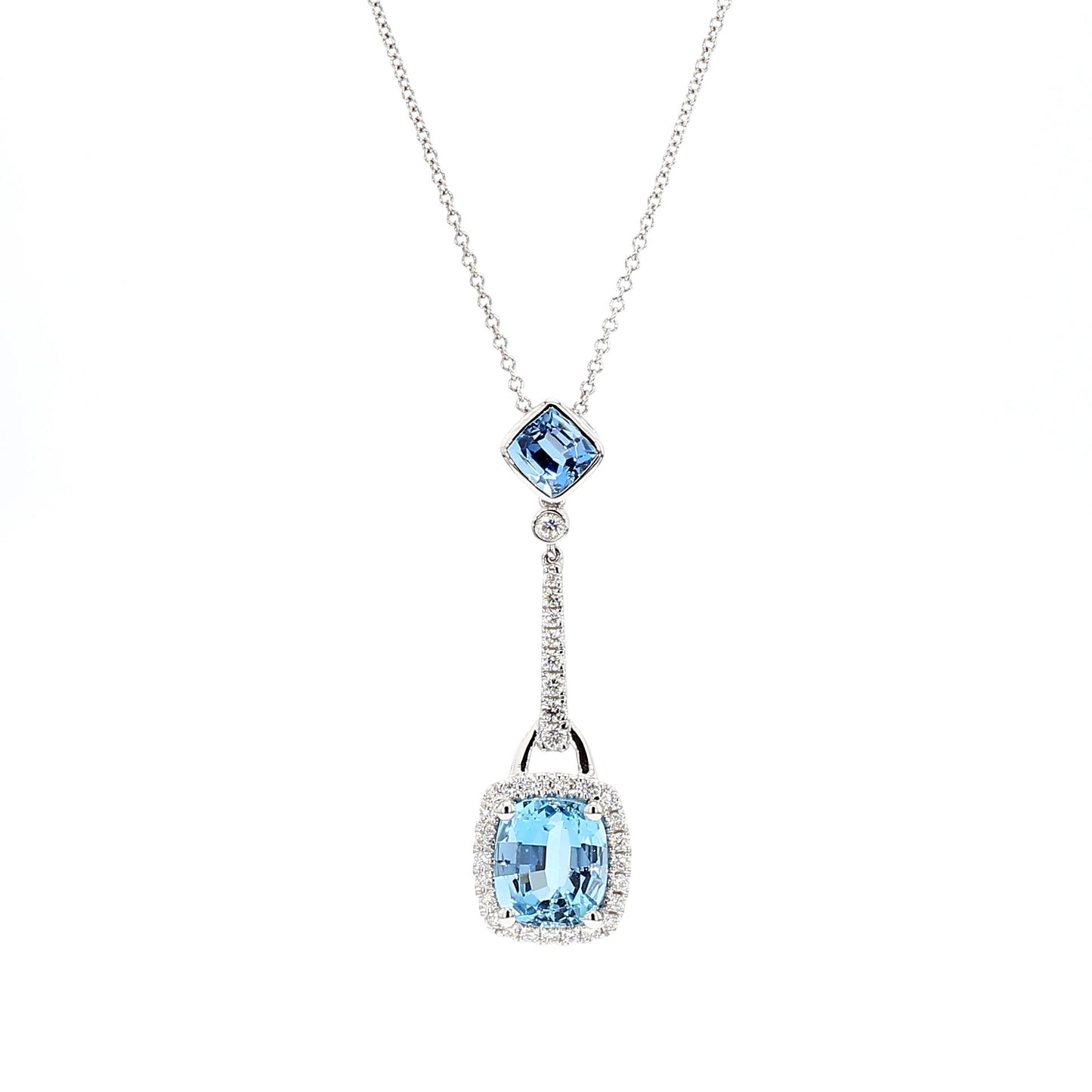 Natural Aquamarine Cushion Diamond 3.35 Carat TW Gold Drop Pendant