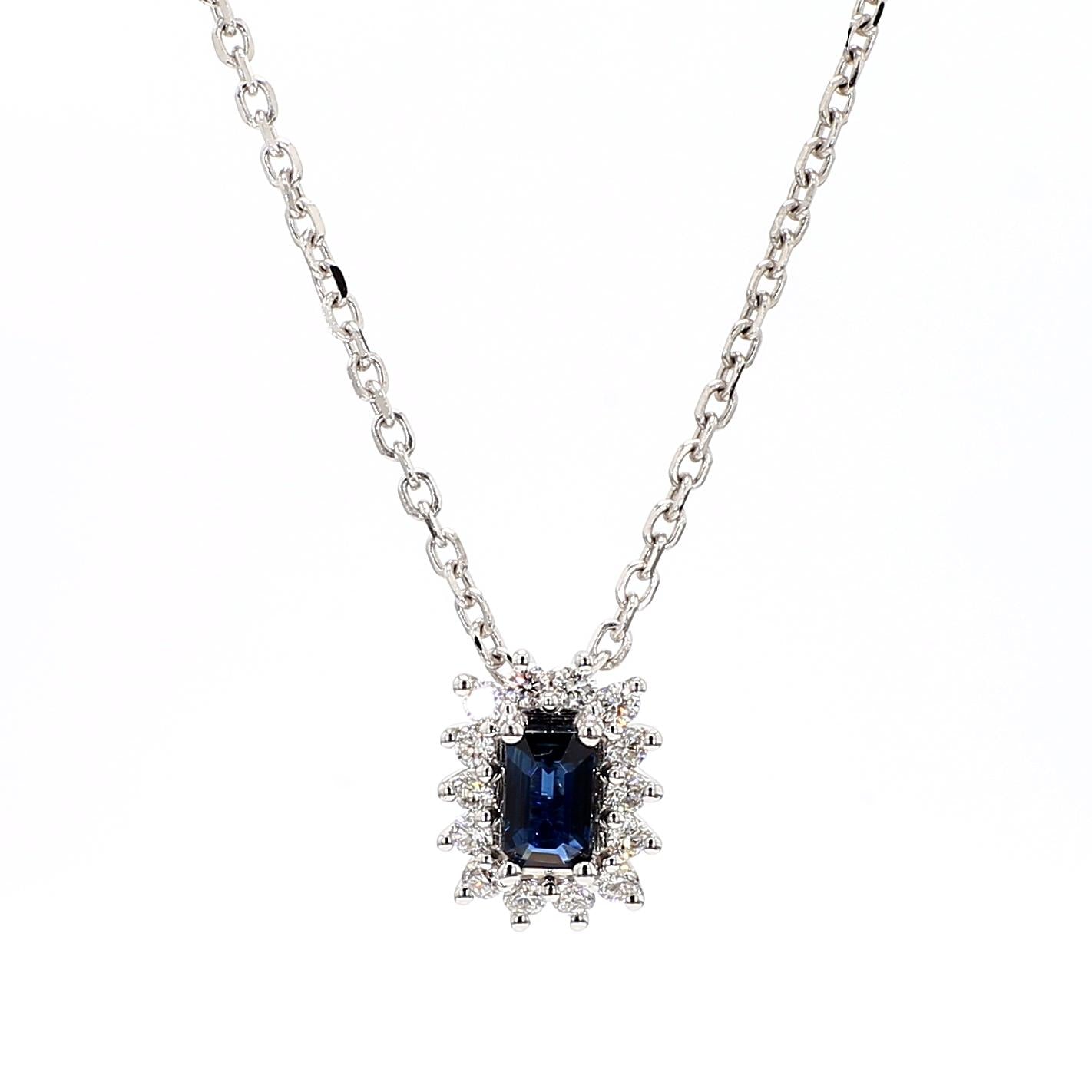 Natural Blue Emerald Cut Sapphire and Diamond 0.49 Carat TW Drop Pendant