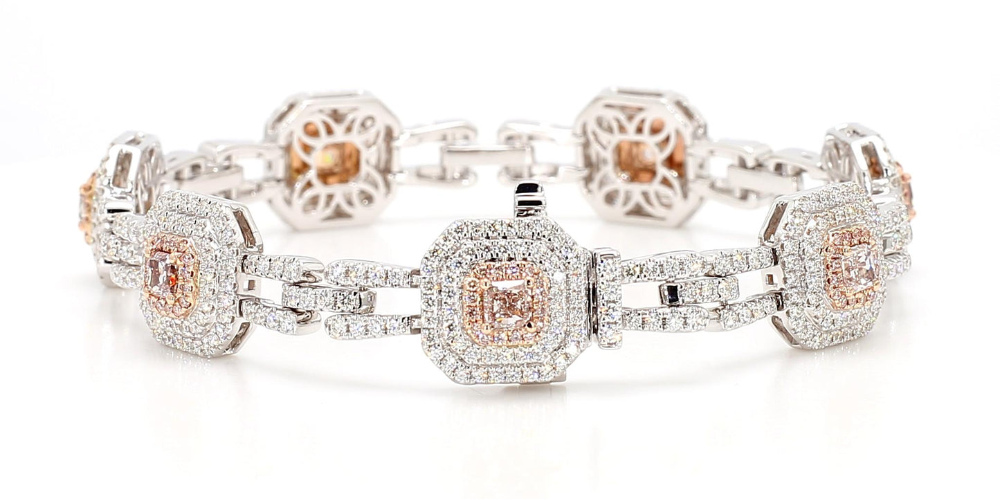 GIA Certified Natural Pink Radiant Diamond 5.08 Carat TW Gold Tennis Bracelet