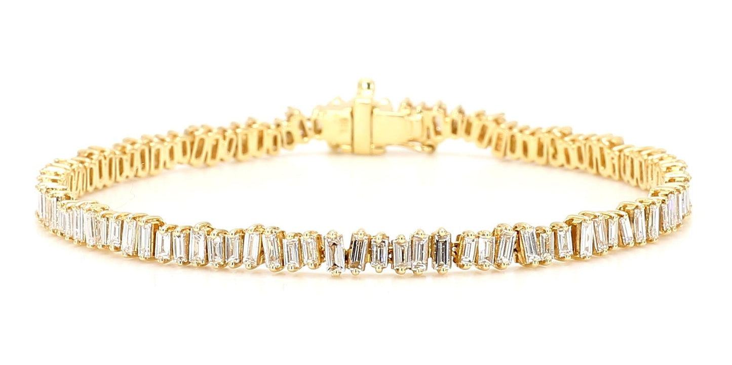 Natural White Baguette Diamond 2.95 Carat TW Yellow Gold Tennis Bracelet