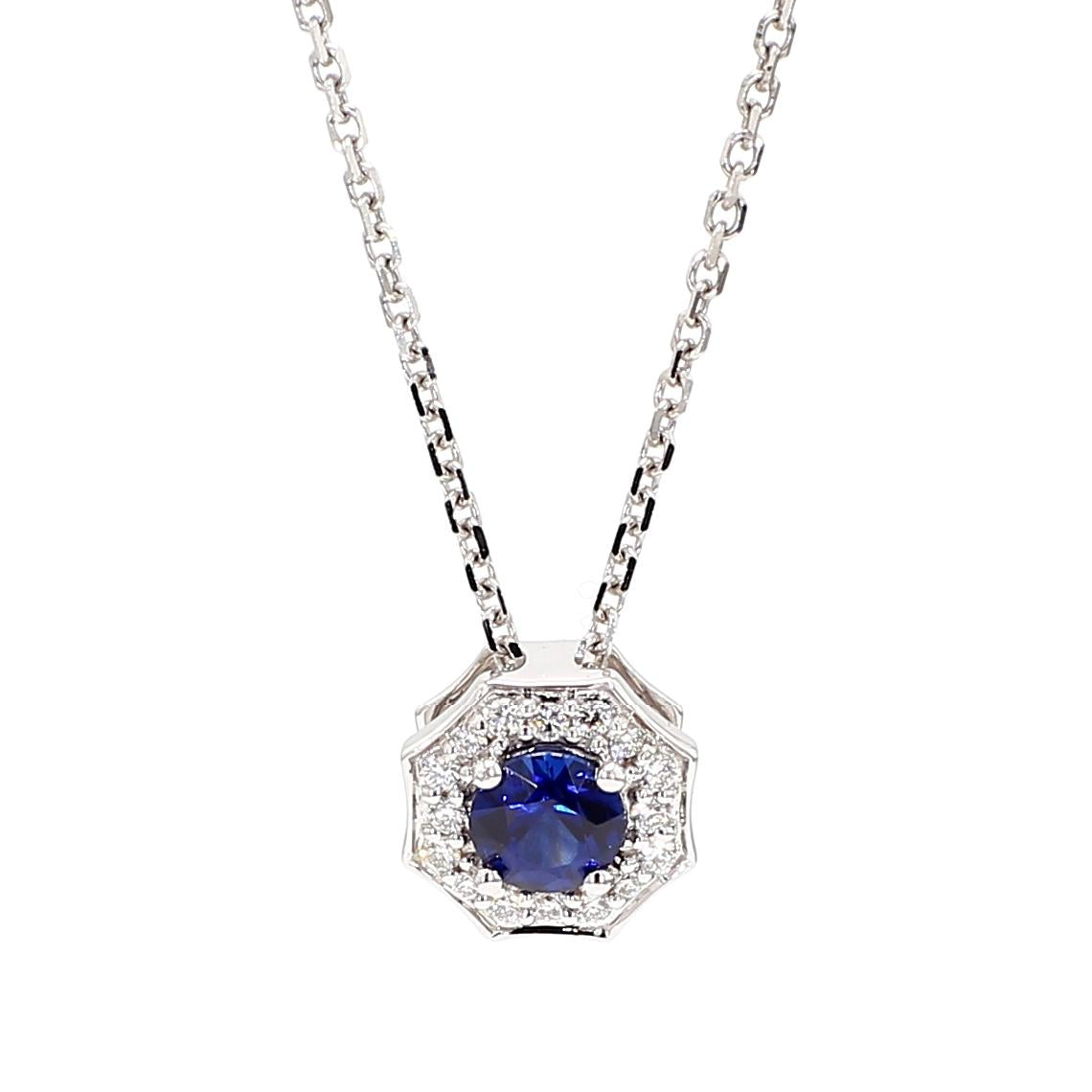 Natural Blue Round Sapphire and White Diamond 0.42 Carat TW Gold Drop Pendant