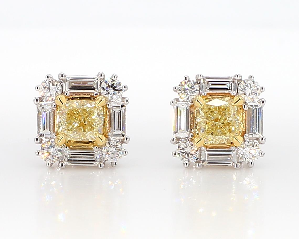 Natural Yellow Cushion Diamond 1.73 Carat TW Gold Stud Earrings