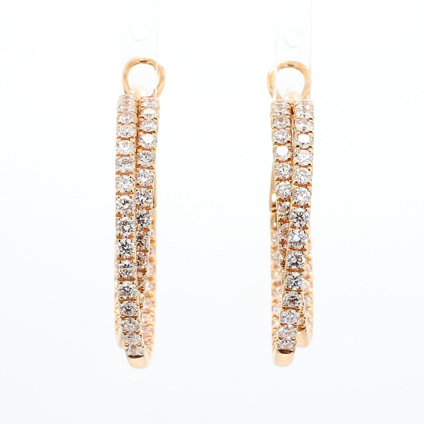 Natural White Round Diamond 2.62 Carat TW Rose Gold Hoop Earrings