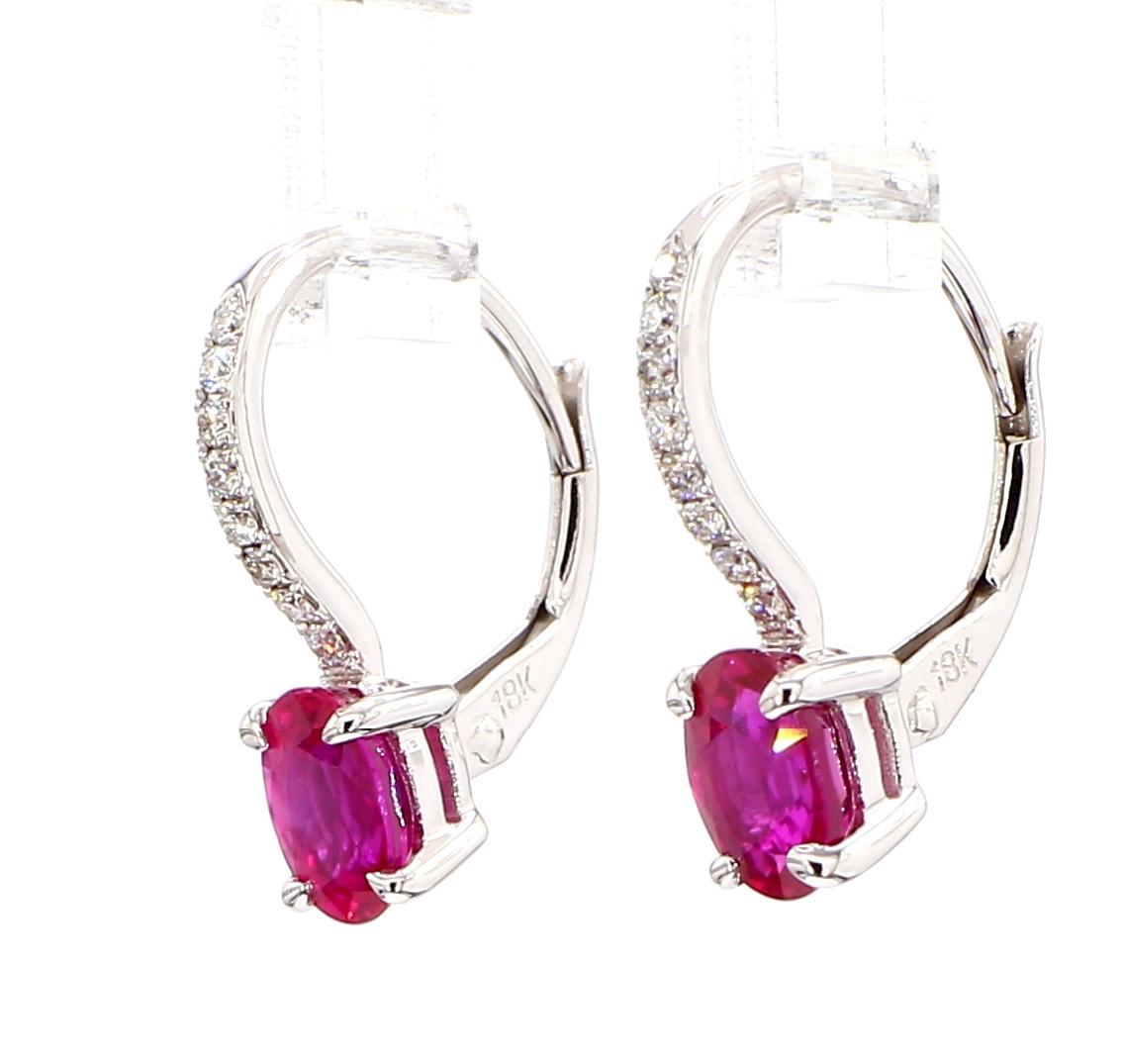 Natural Red Oval Ruby and White Diamond 1.24 Carat TW Gold Drop Earrings