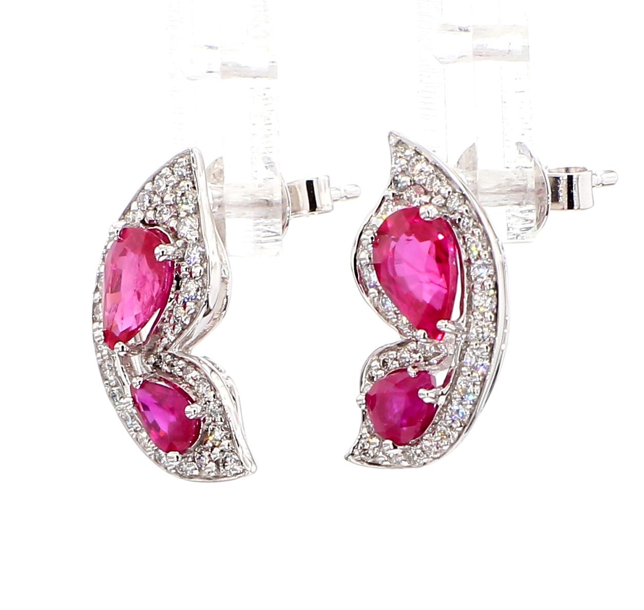 Natural Red Pear Ruby and White Diamond 1.65 Carat TW Gold Stud Earrings