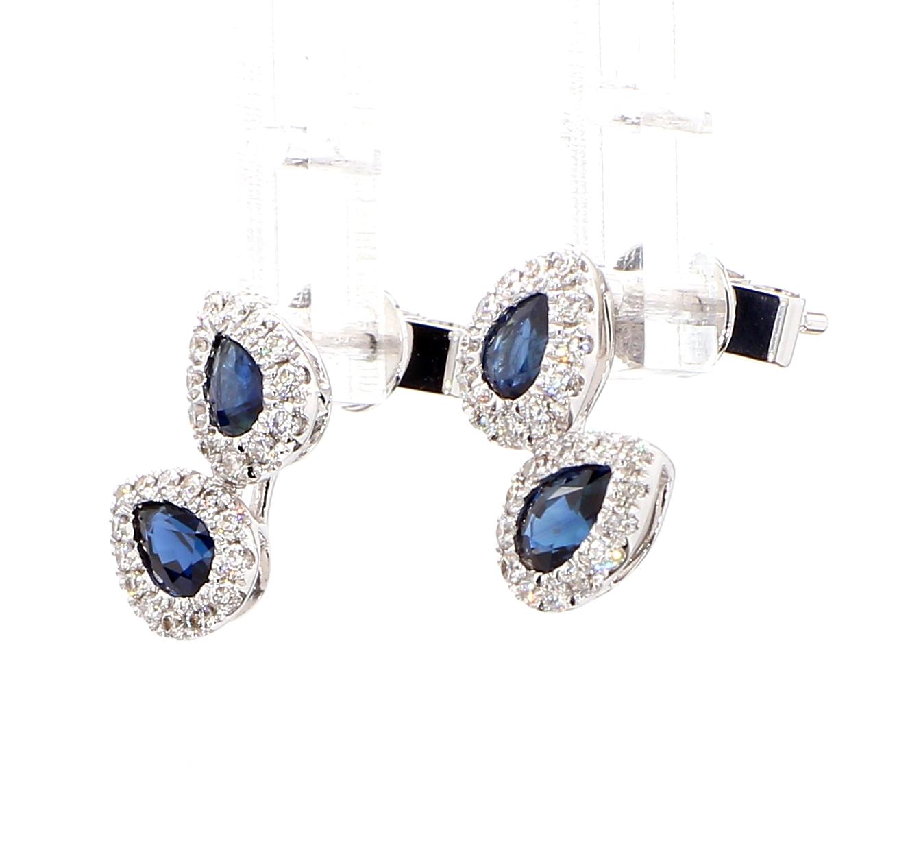 Natural Blue Pear Sapphire and White Diamond 1.33 Carat TW Gold Stud Earrings