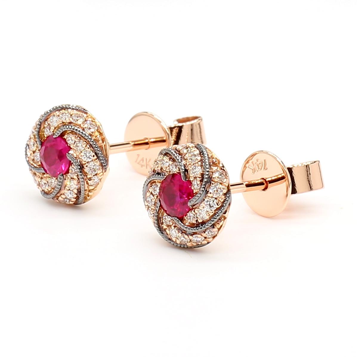 Natural Red Round Ruby and White Diamond 0.49 Carat TW Rose Gold Stud Earrings