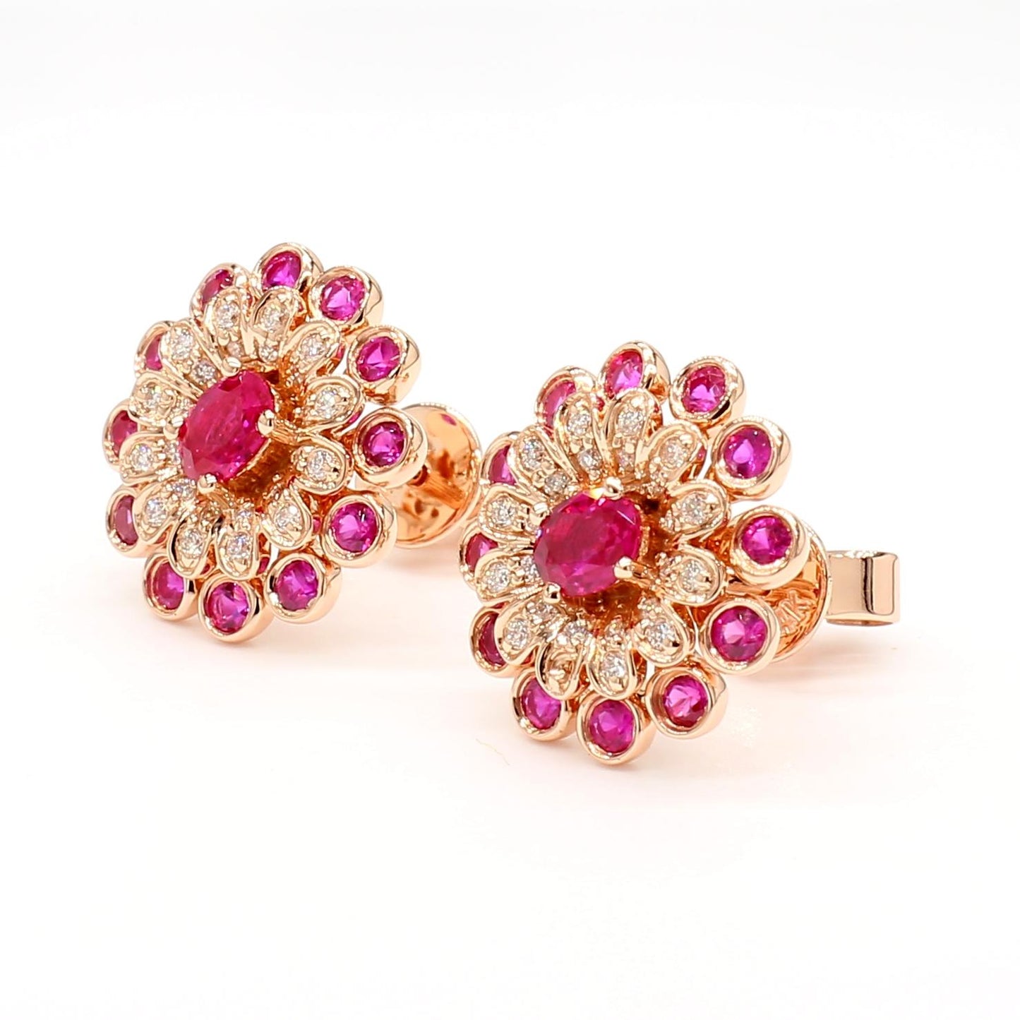 Natural Red Oval Ruby and White Diamond 1.32 Carat TW Gold Stud Earrings