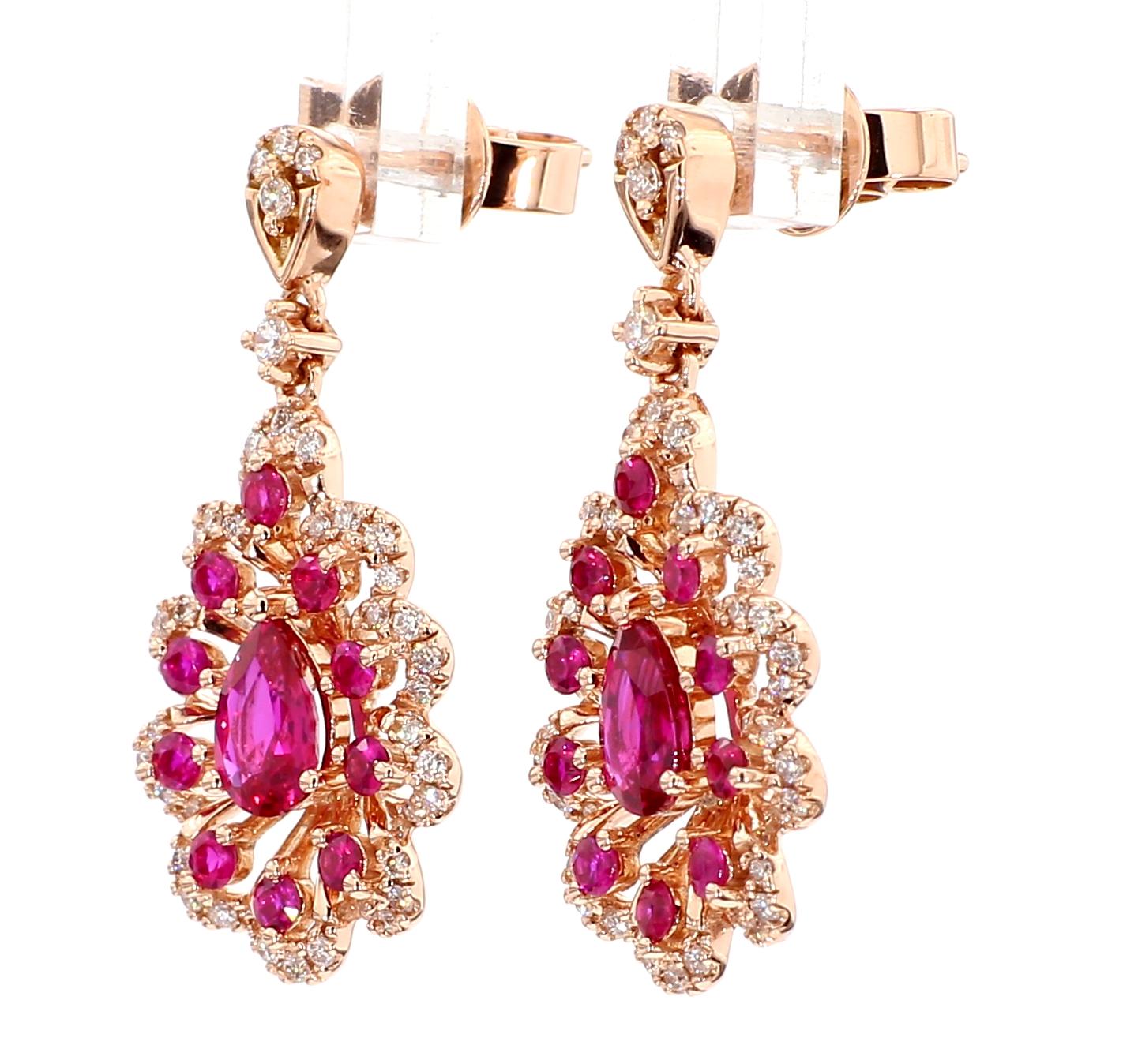 Natural Red Pear Ruby and White Diamond 1.81 Carat TW Gold Drop Earrings