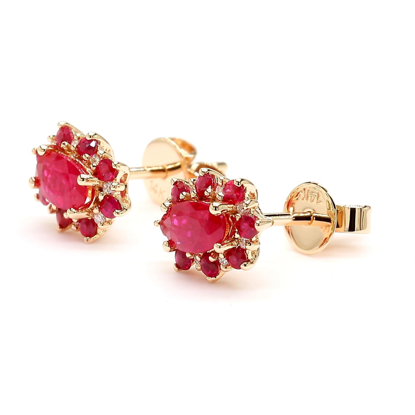 Natural Red Oval Ruby and White Diamond 0.93 Carat TW Gold Stud Earrings