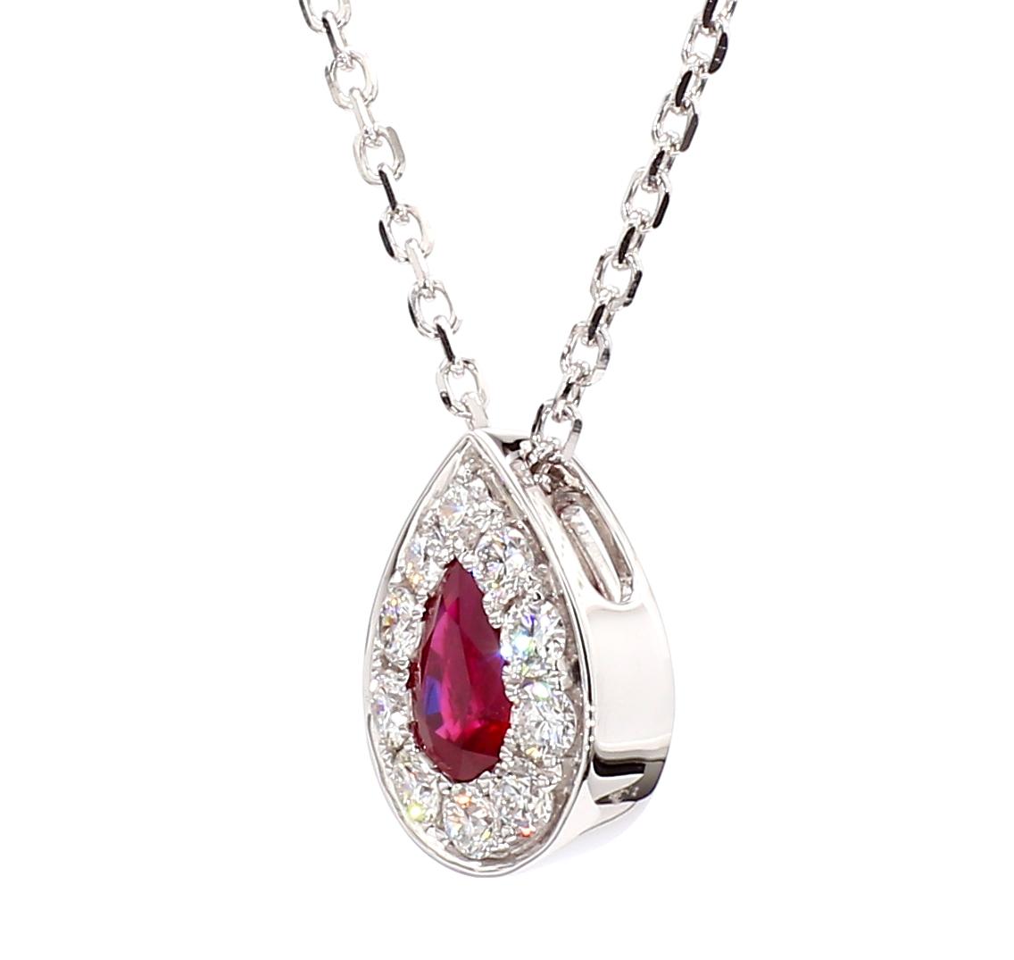 Natural Pear Red Ruby and White Diamond .76 Carat TW Gold Drop Pendant
