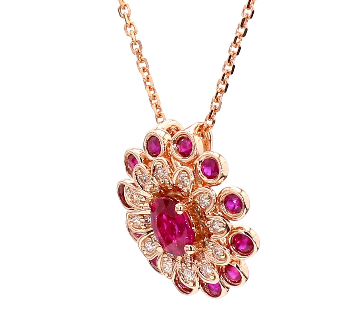 Natural Oval Red Ruby and White Diamond 0.89 Carat TW Gold Drop Pendant