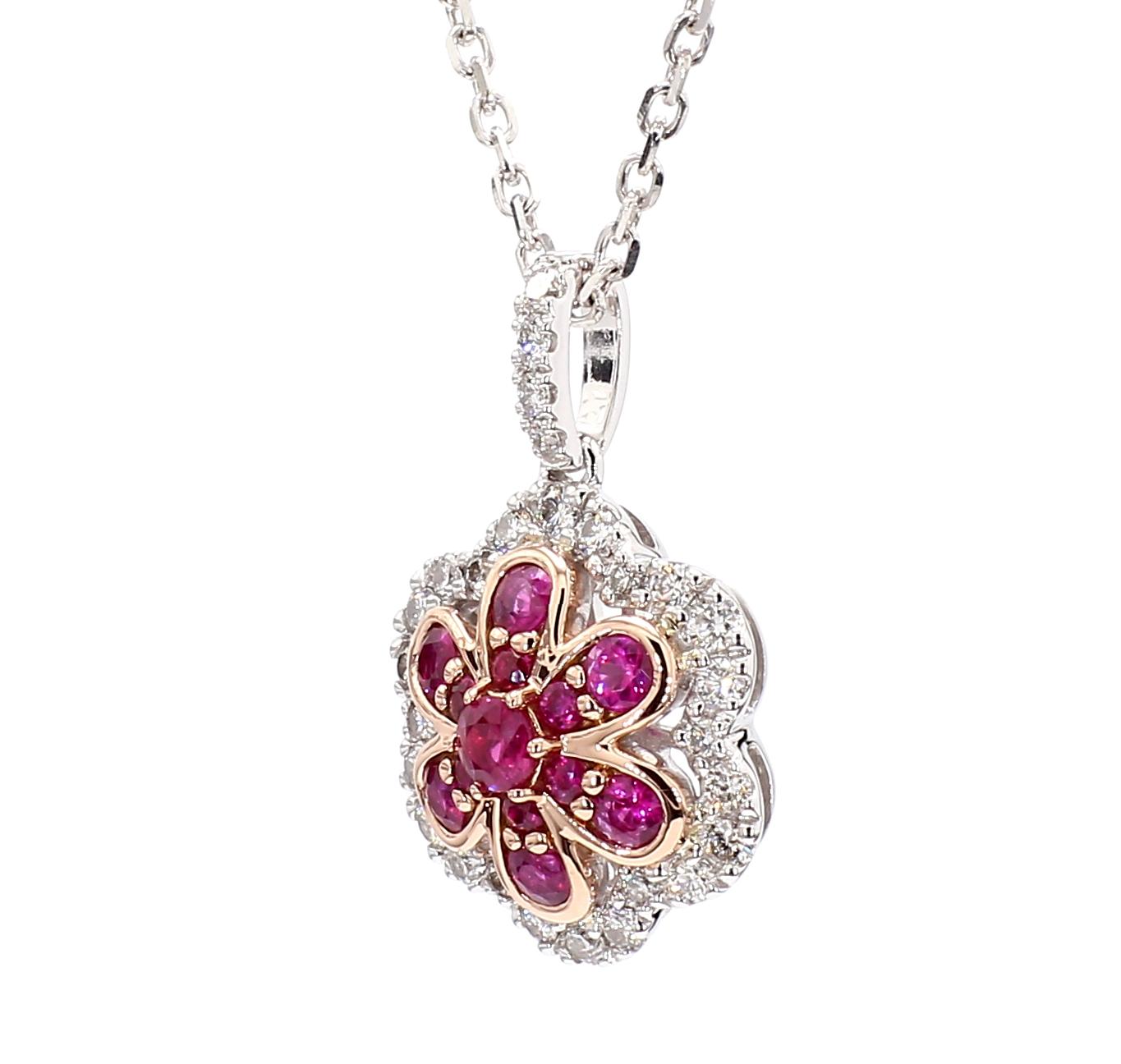 Natural Round Red Ruby and White Diamond .77 Carat TW Gold Drop Pendant