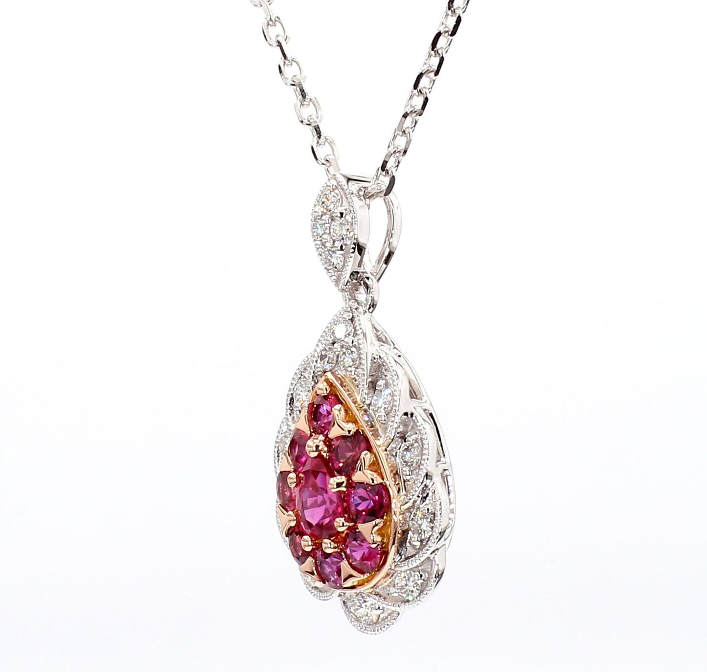 Natural Pear Red Ruby and White Diamond .91 Carat TW Gold Drop Pendant