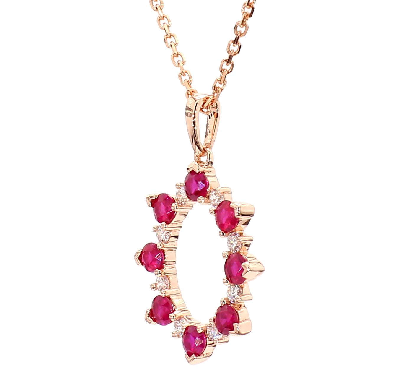 Natural Round Red Ruby and White Diamond .70 Carat TW Rose Gold Pendant