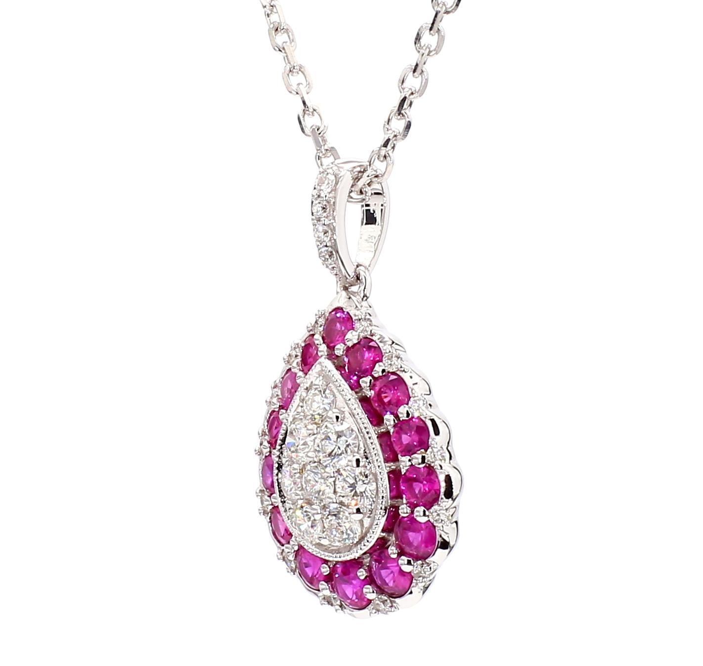 Natural Round Red Ruby and White Diamond 1.03 Carat TW Gold Drop Pendant