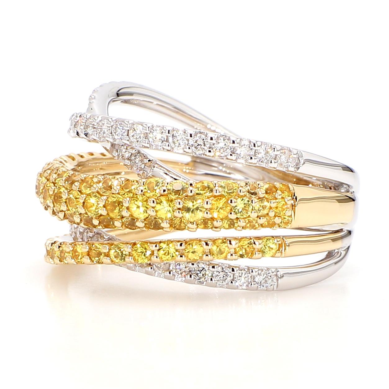 Natural Yellow Round Sapphire and White Diamond 1.86 Carat TW Gold Cocktail Ring