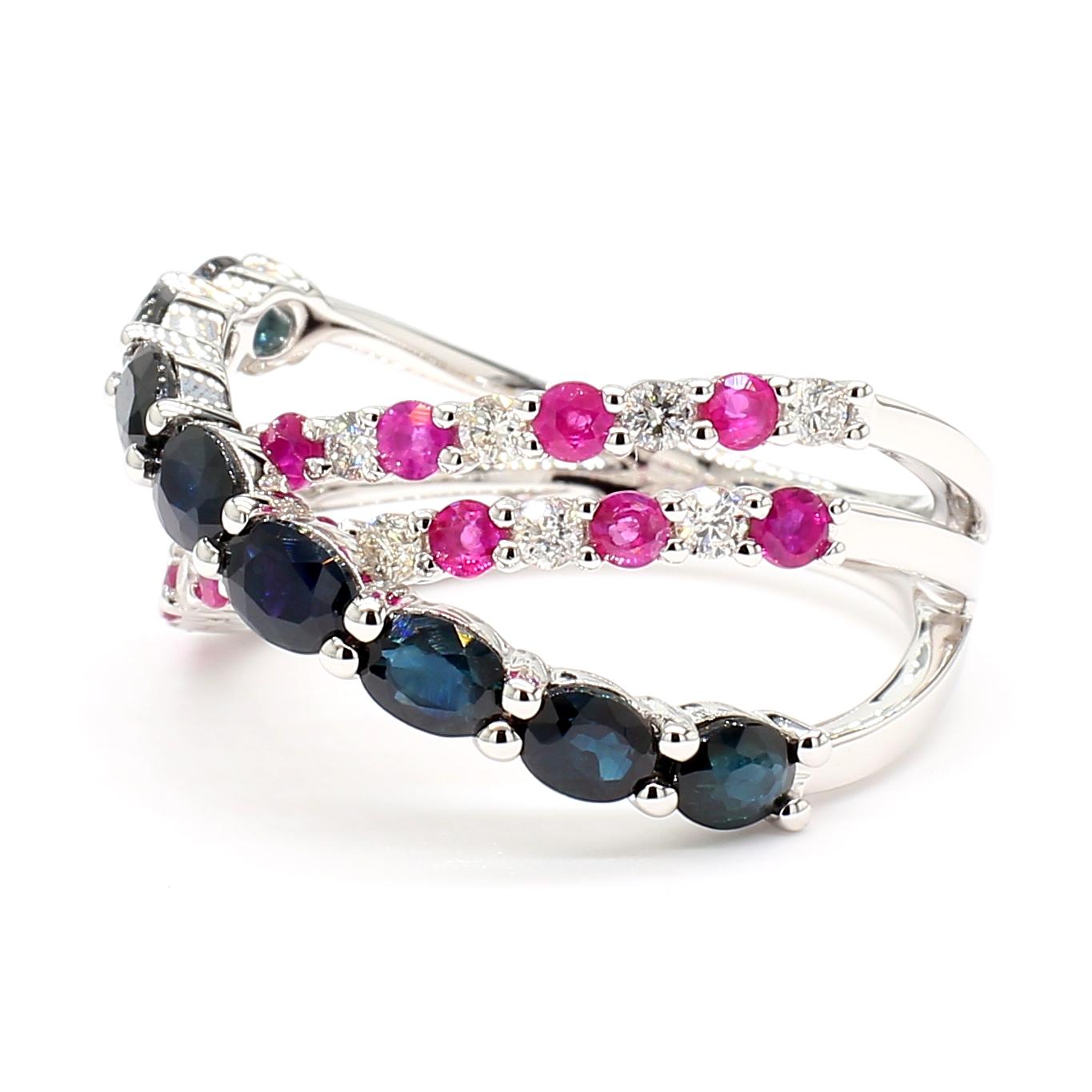 Natural Oval Sapphire and Diamond and Ruby 2.84 Carat TW Gold Cocktail Band