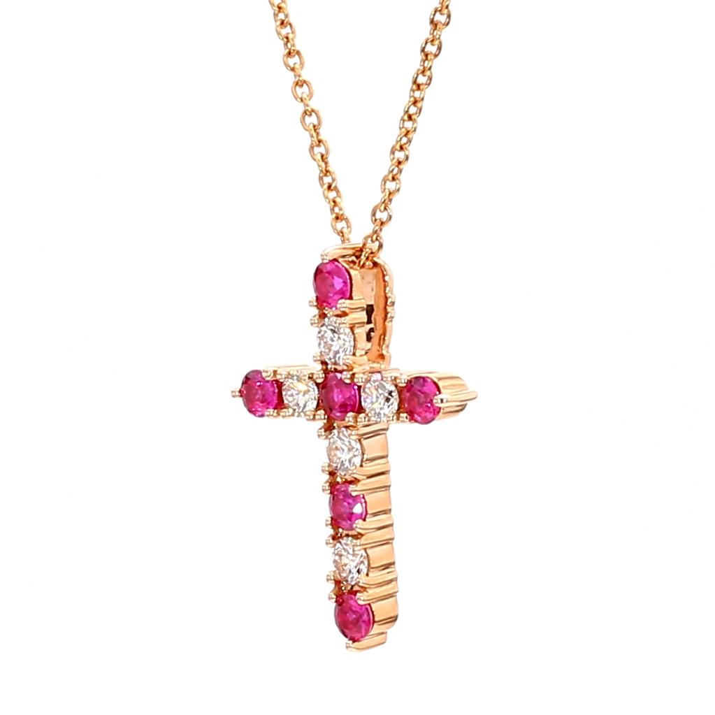 Natural Round Red Ruby and White Diamond .83 Carat TW Rose Gold Pendant