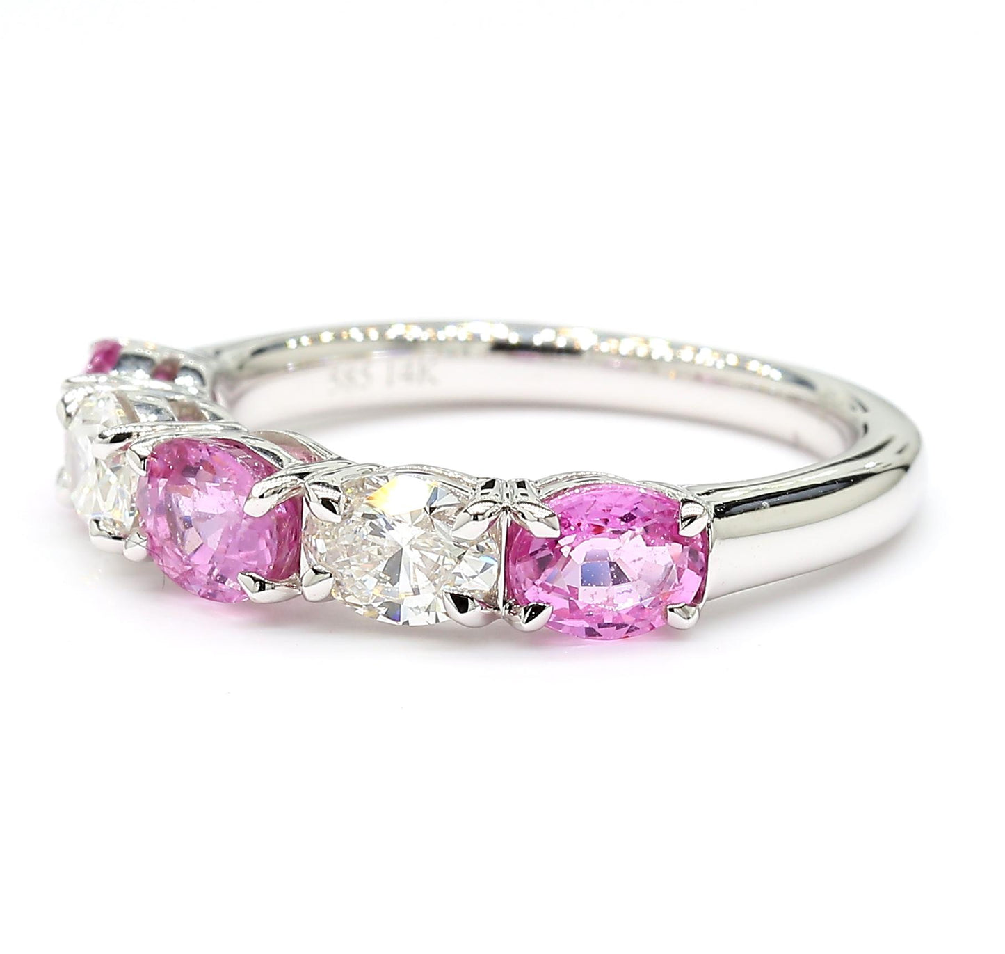 Natural Pink Oval Sapphire and White Diamond 1.97 Carat TW Gold Wedding Band