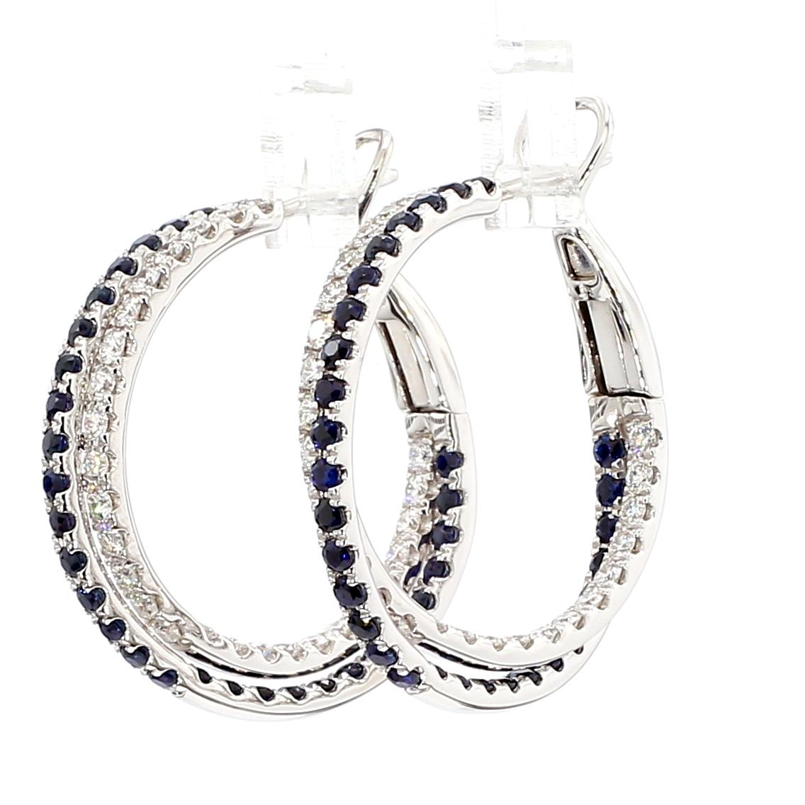 Natural Blue Round Sapphire and White Diamond 3.09 Carat TW Gold Hoop Earrings