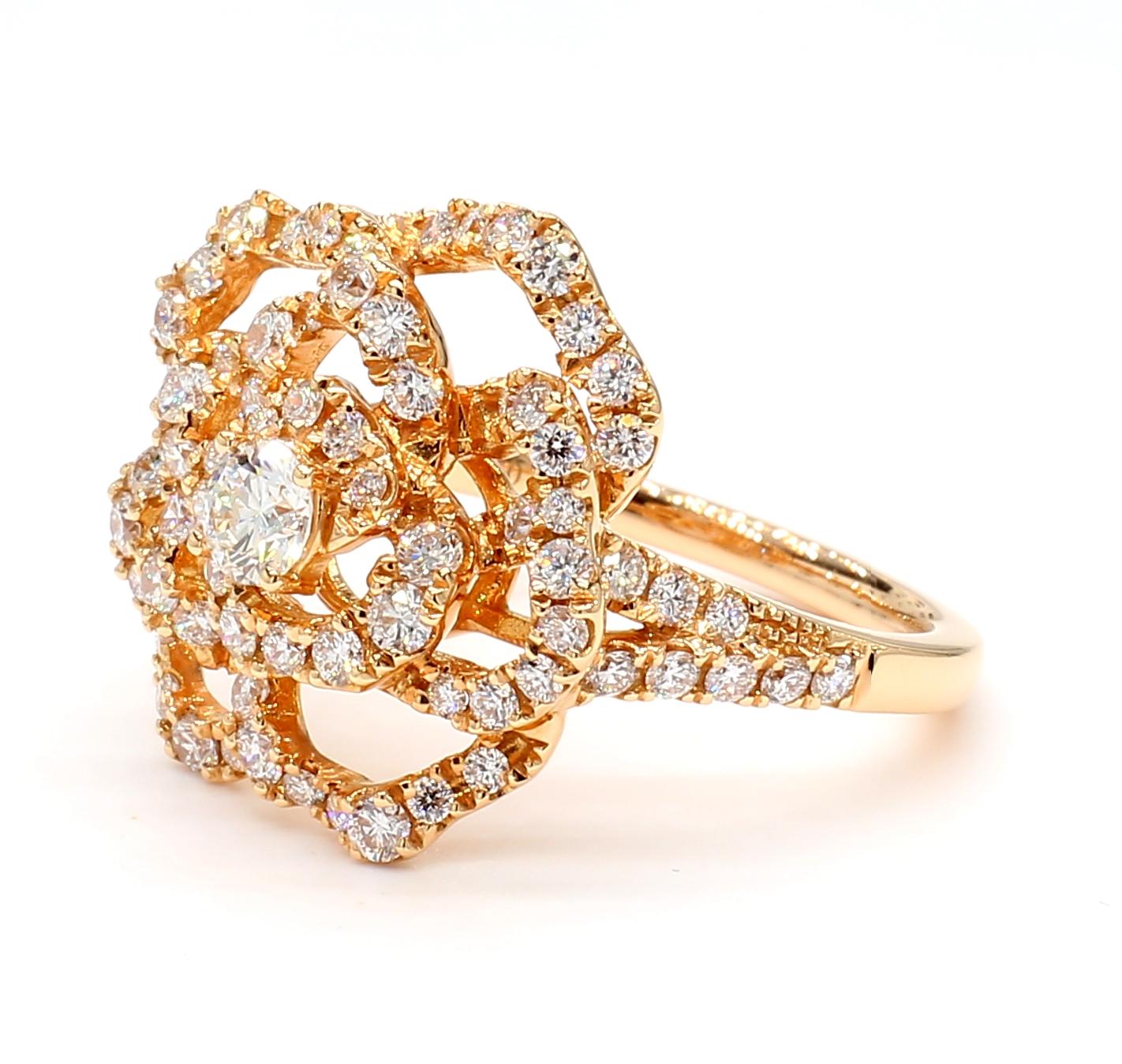 Natural White Round Diamond 1.33 Carat TW Rose Gold Cocktail Ring