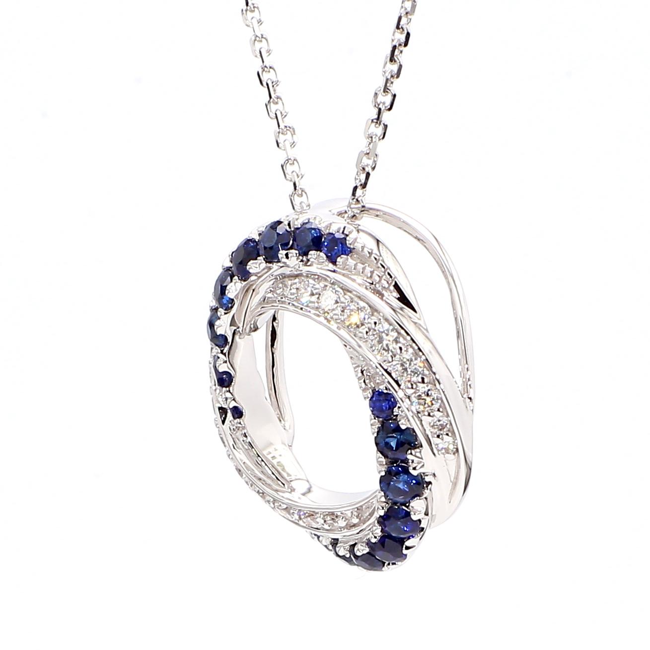 Natural Blue Round Sapphire and White Diamond 0.78 Carat TW Gold Drop Pendant