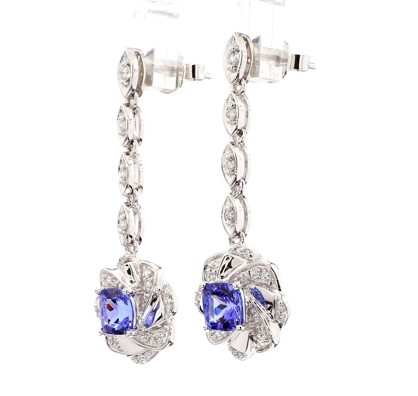 Natural Blue Cushion Tanzanite and White Diamond 1.63 Carat TW Gold Earrings