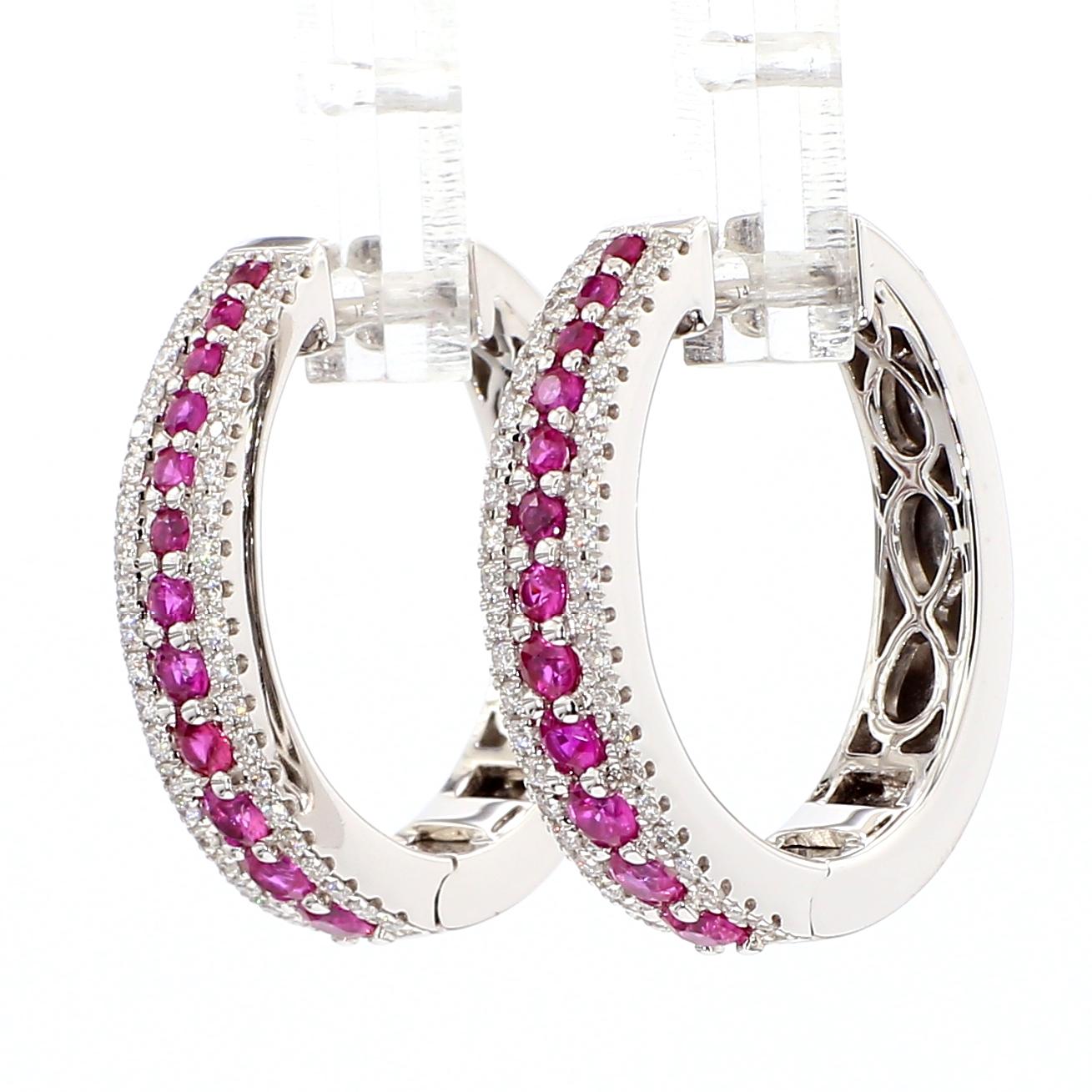 Natural Red Round Ruby and White Diamond 1.26 Carat TW White Gold Hoop Earrings
