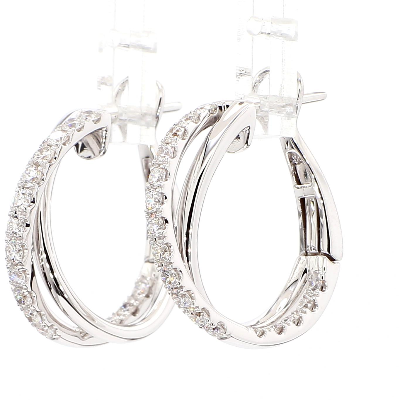 Natural White Round Diamond 0.97 Carat TW White Gold Hoop Earrings