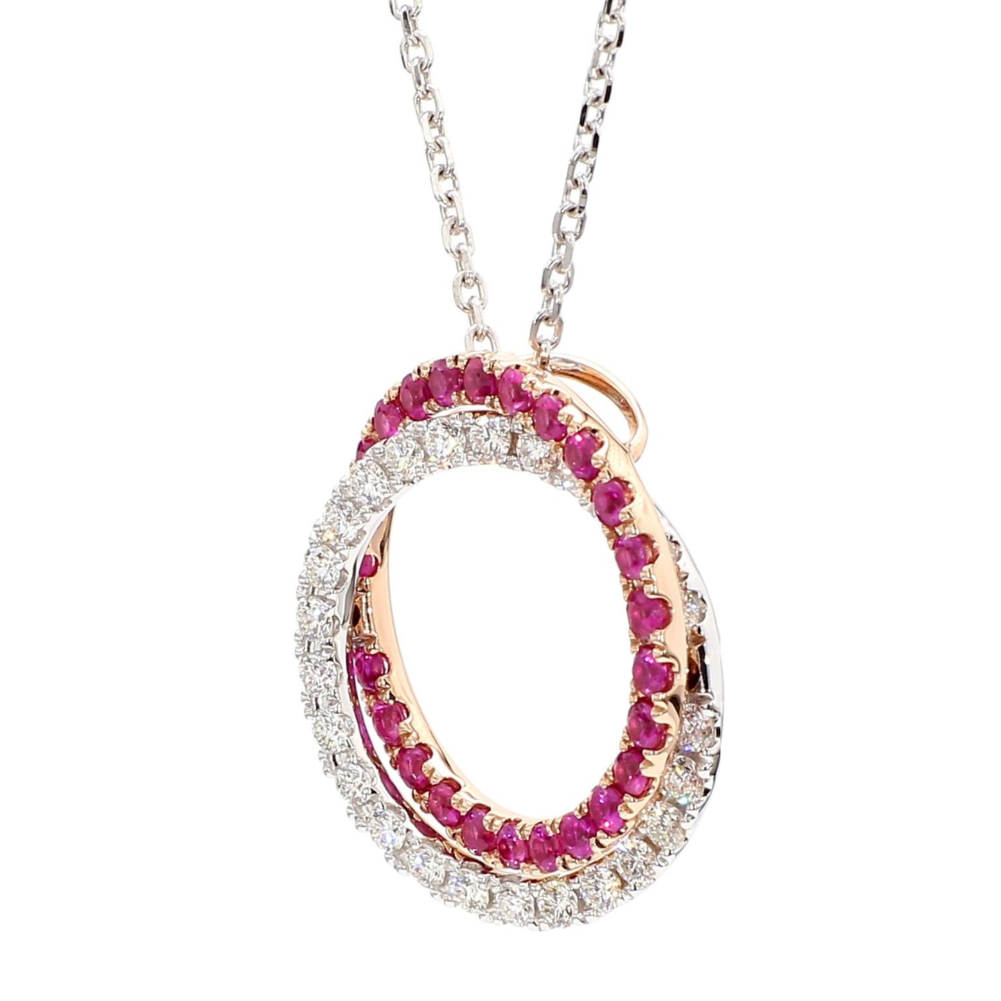 Natural Round Red Ruby and White Diamond 1.45 Carat TW Rose Gold Drop Pendant