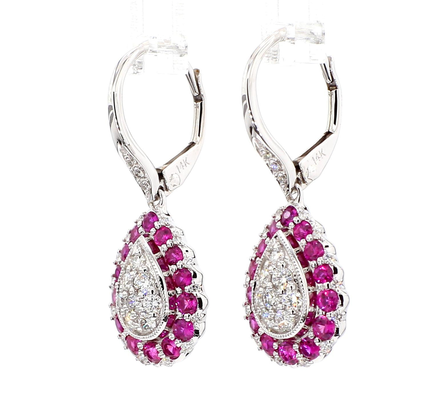 Natural Red Round Ruby and White Diamond 1.34 Carat TW White Gold Drop Earrings