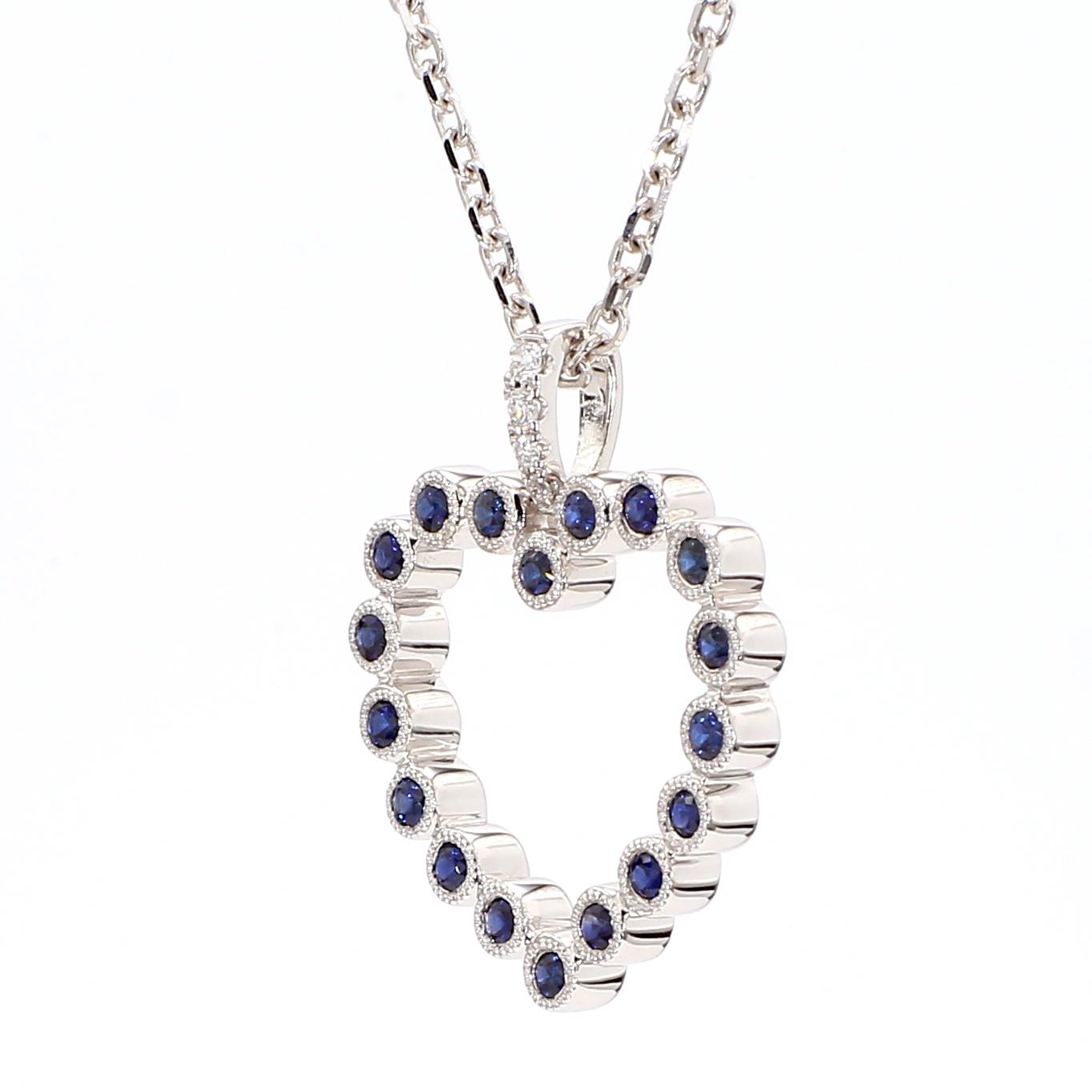 Natural Blue Round Sapphire and White Diamond 0.37 Carat TW Gold Drop Pendant