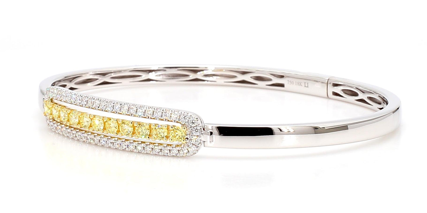 Natural Yellow Round and White Diamond 1.09 Carat TW Gold Cuff Bracelet