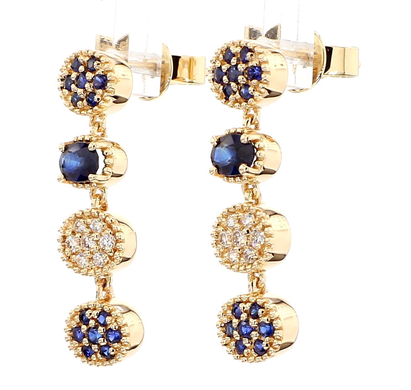 Natural Blue Oval Sapphire and White Diamond 0.87 Carat TW Gold Drop Earrings