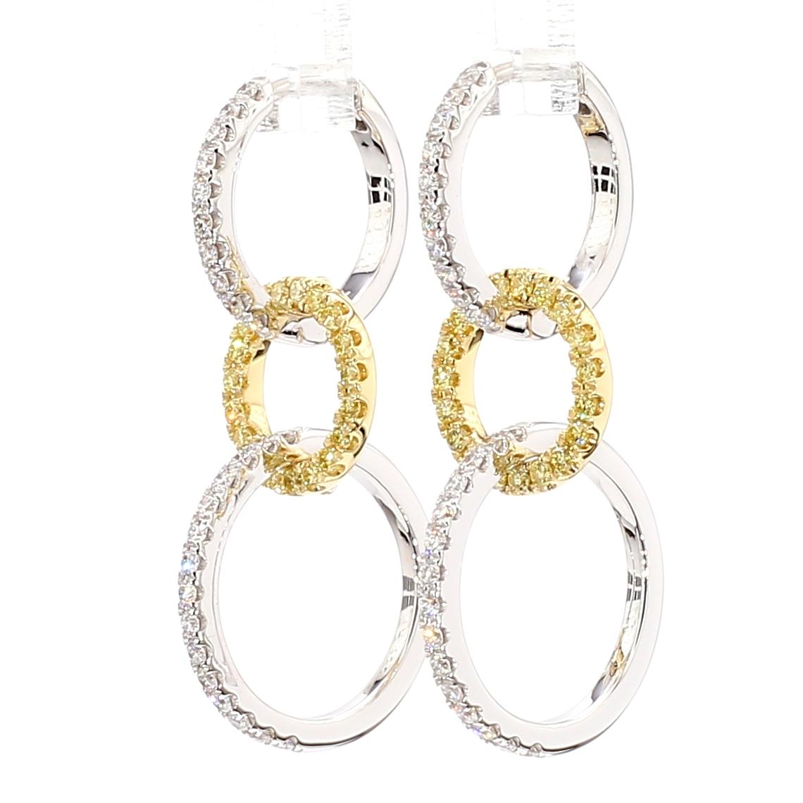 Natural Yellow Round and White Diamond .98 Carat TW Gold Drop Earrings