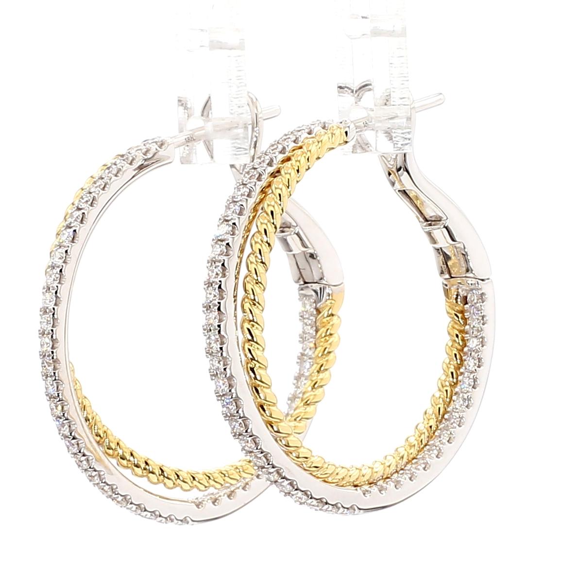 Natural White Round Diamond 0.78 Carat TW Gold Hoop Earrings