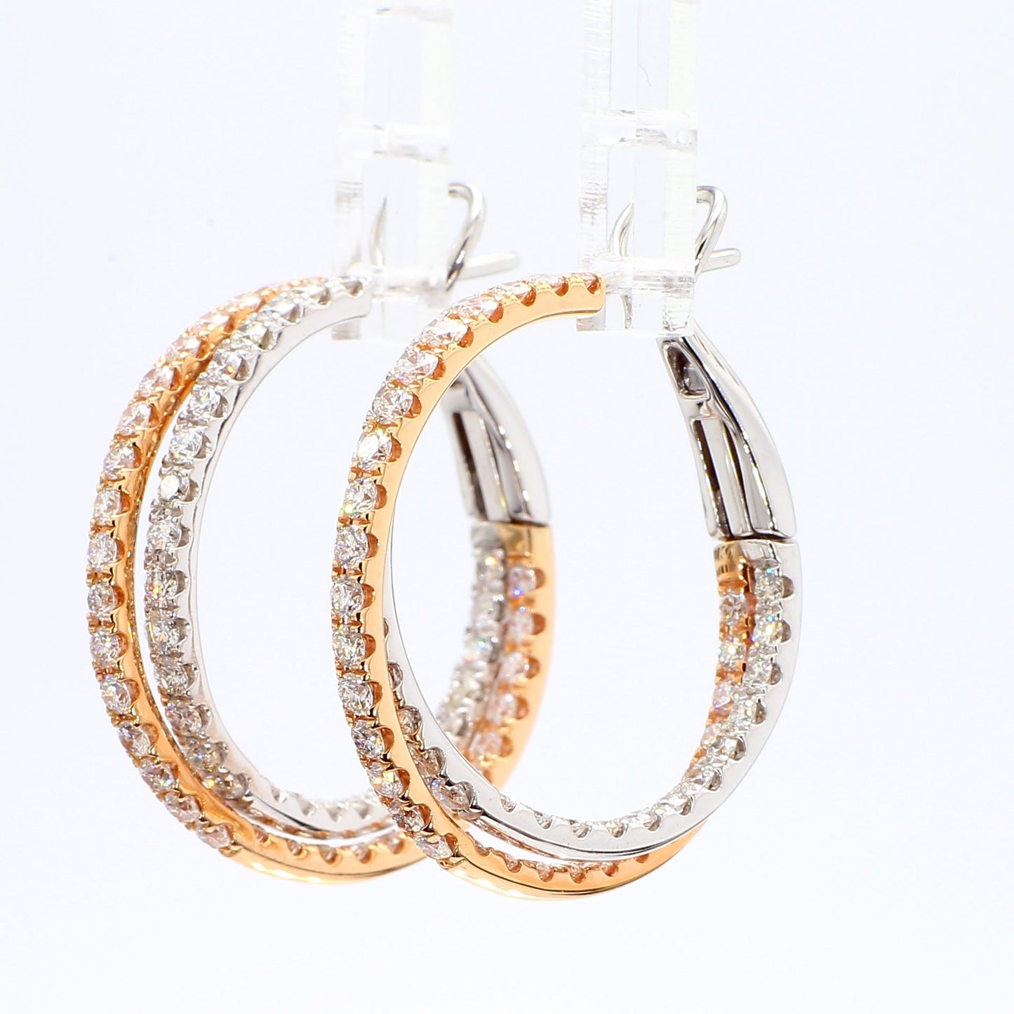 Natural White Round Diamond 2.61 Carat TW Rose Gold Hoop Earrings