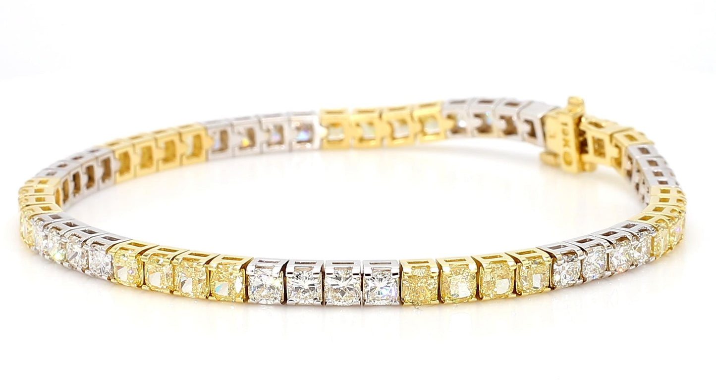 Natural Yellow Cushion and White Diamond 9.47 Carat TW Gold Tennis Bracelet