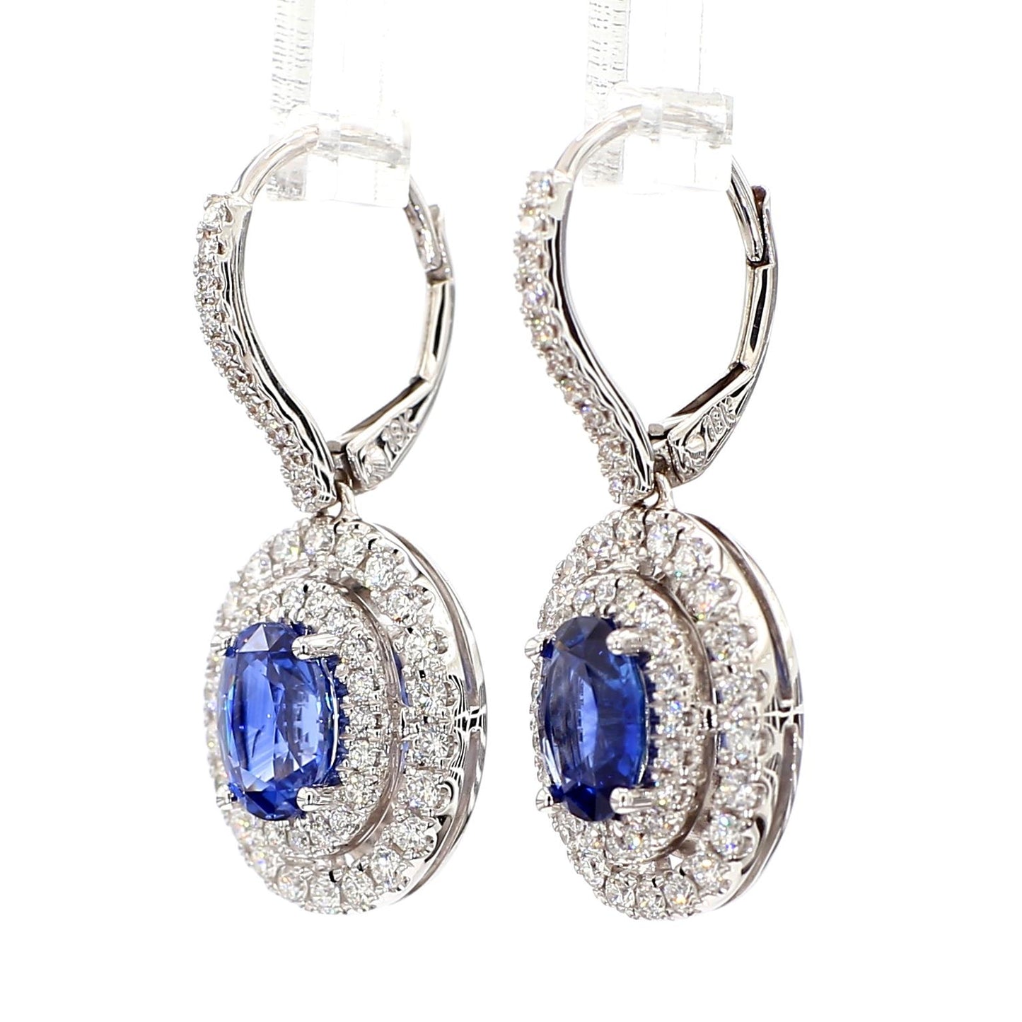 Natural Blue Oval Sapphire and White Diamond 2.97 Carat TW Gold Drop Earrings