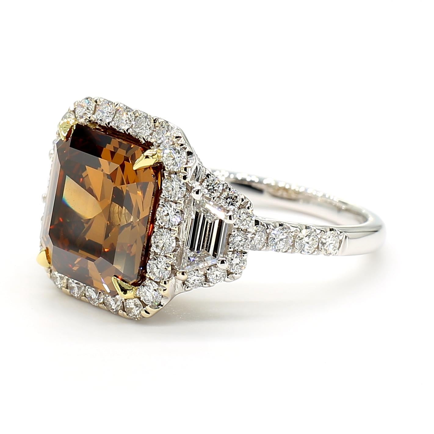 GIA Certified Deep Orange-Brown Emerald Diamond 6.40 Carat TW Gold Cocktail Ring
