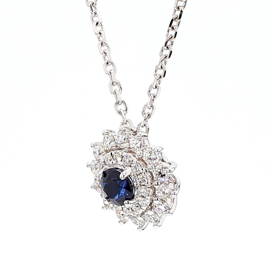 Natural Blue Round Sapphire and White Diamond 0.72 Carat TW Gold Drop Pendant