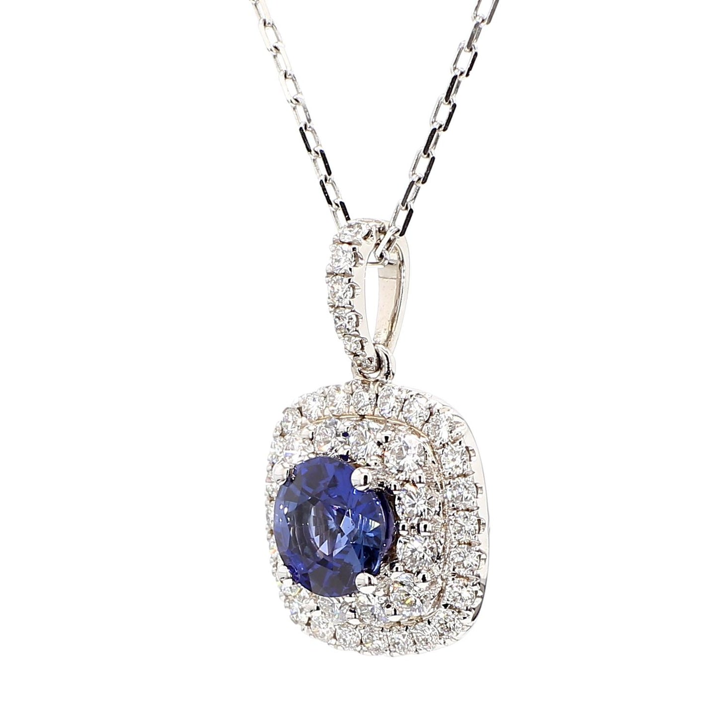 Natural Blue Round Sapphire and White Diamond 2.54 Carat TW Gold Drop Pendant