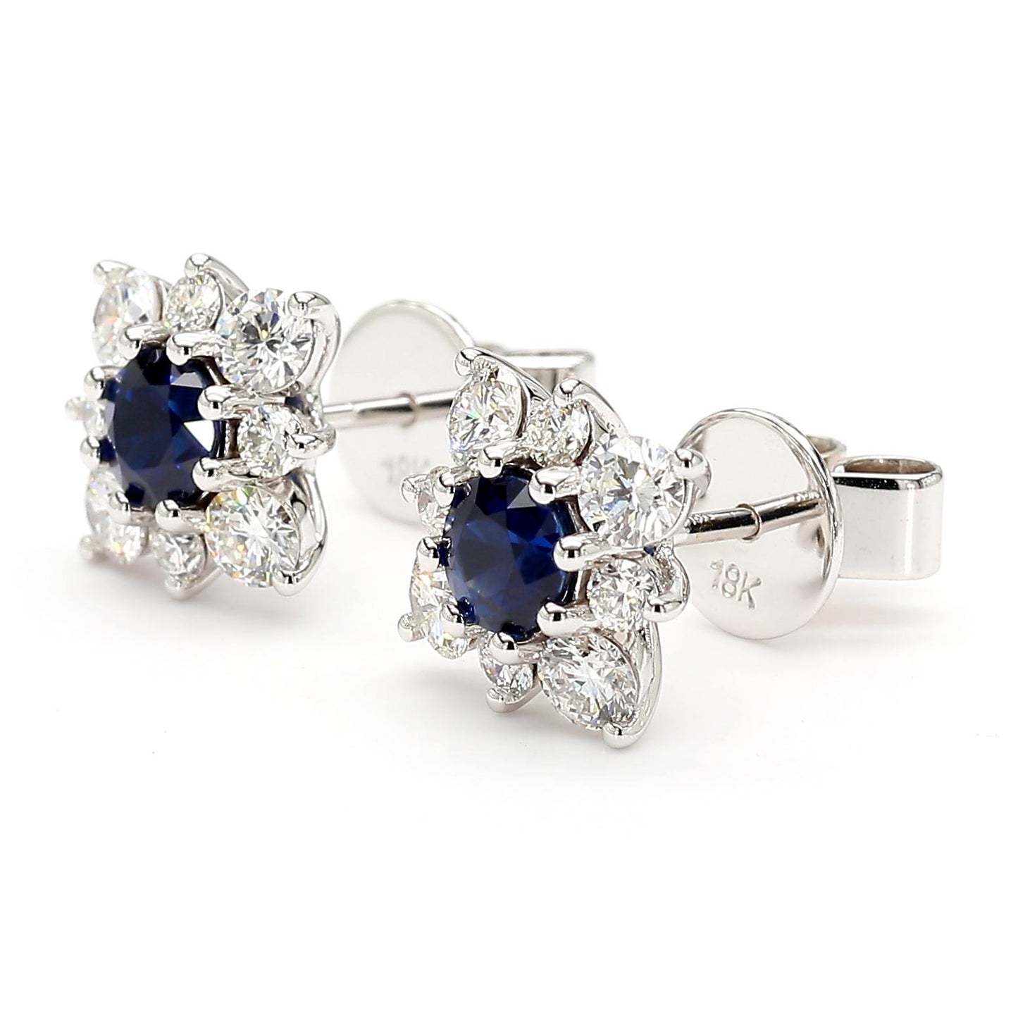 Natural Blue Round Sapphire and Diamond 1.51 Carat TW Gold Stud Earrings