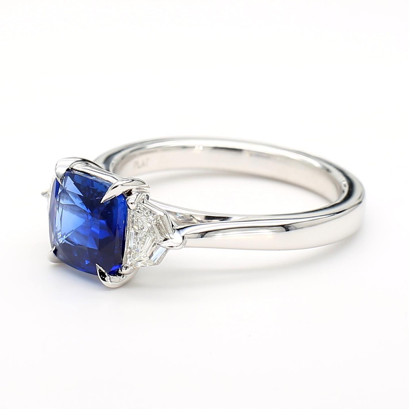 GIA Certified Blue Cushion Sapphire and White Diamond 2.40 Carat TW Gold Ring
