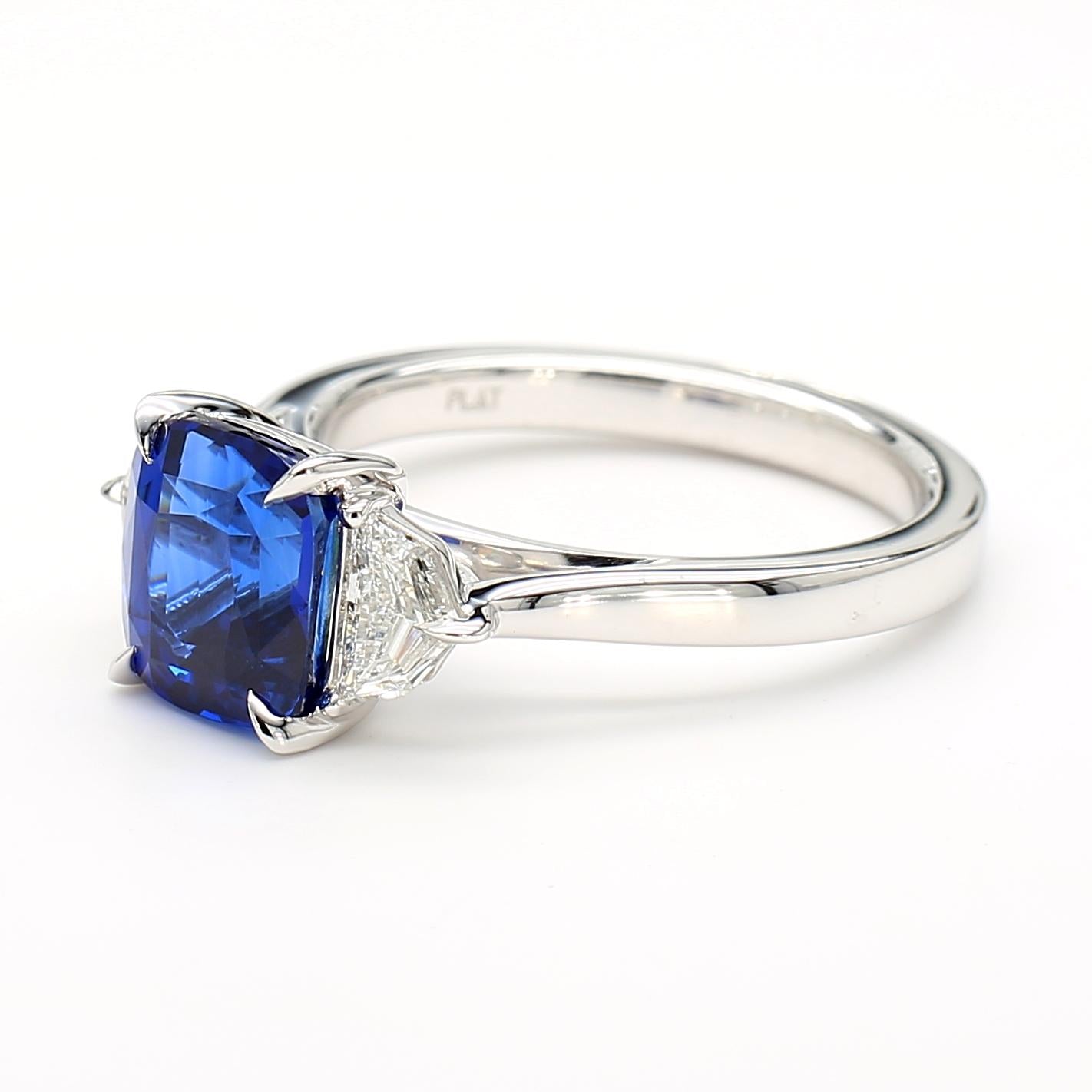 GIA Certified Deep Blue Cushion Sapphire and White Diamond 3.43 CT TW Gold Ring