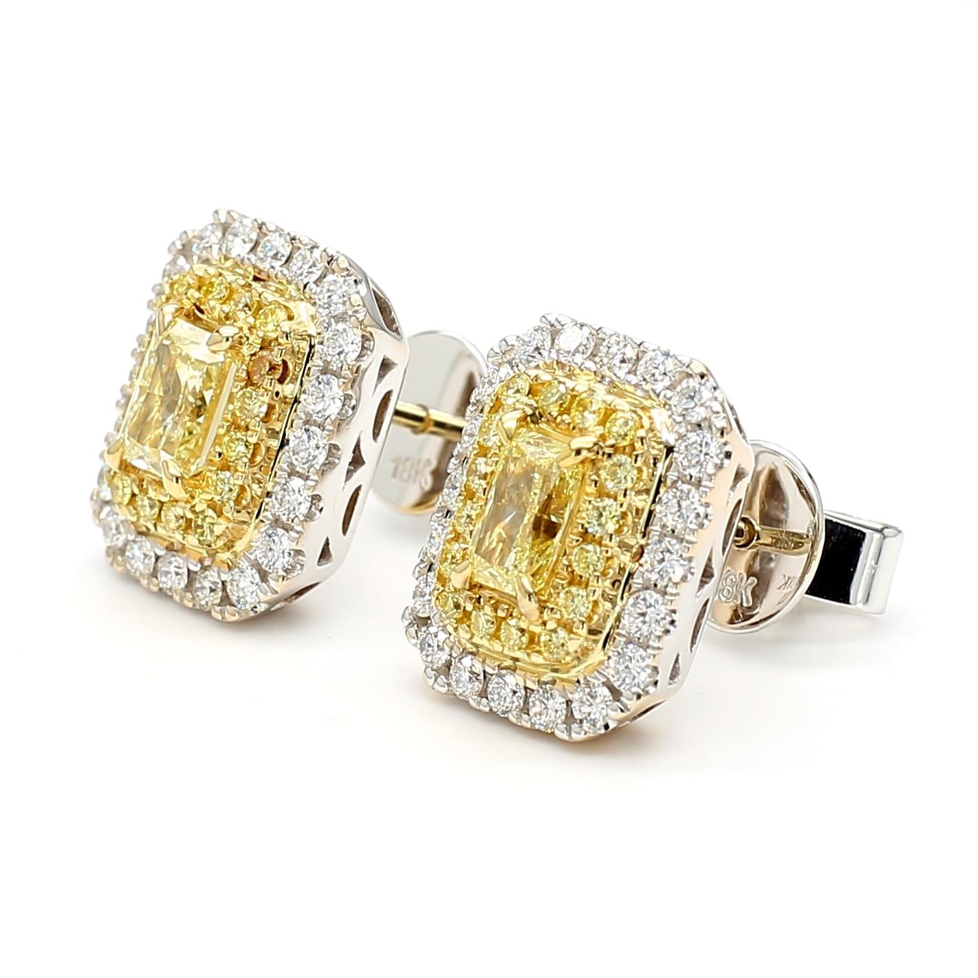 GIA Certified Natural Yellow Radiant Diamond 1.38 Carat TW Gold Stud Earrings